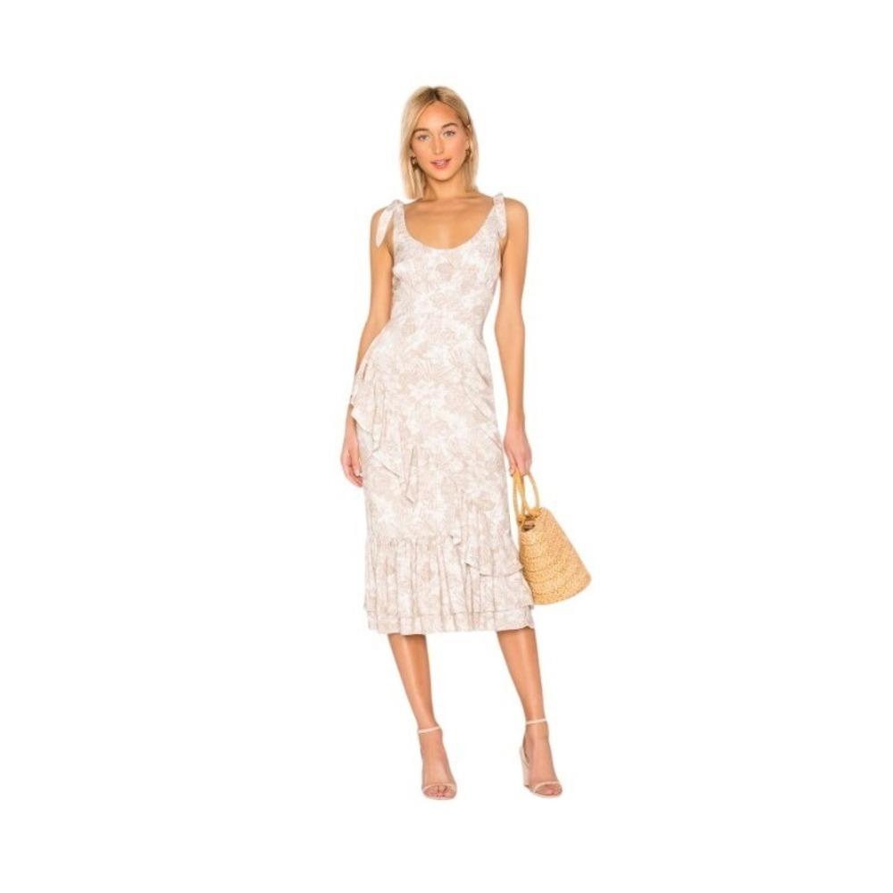 Majorelle Nikita Ruffle Midi Dress Tan Tropical Floral Print Small